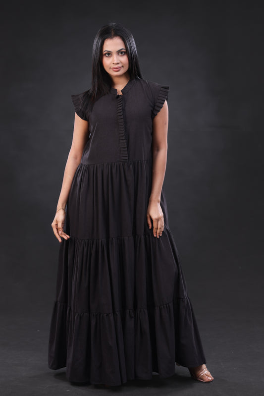 Black Linen Ruffle Dress