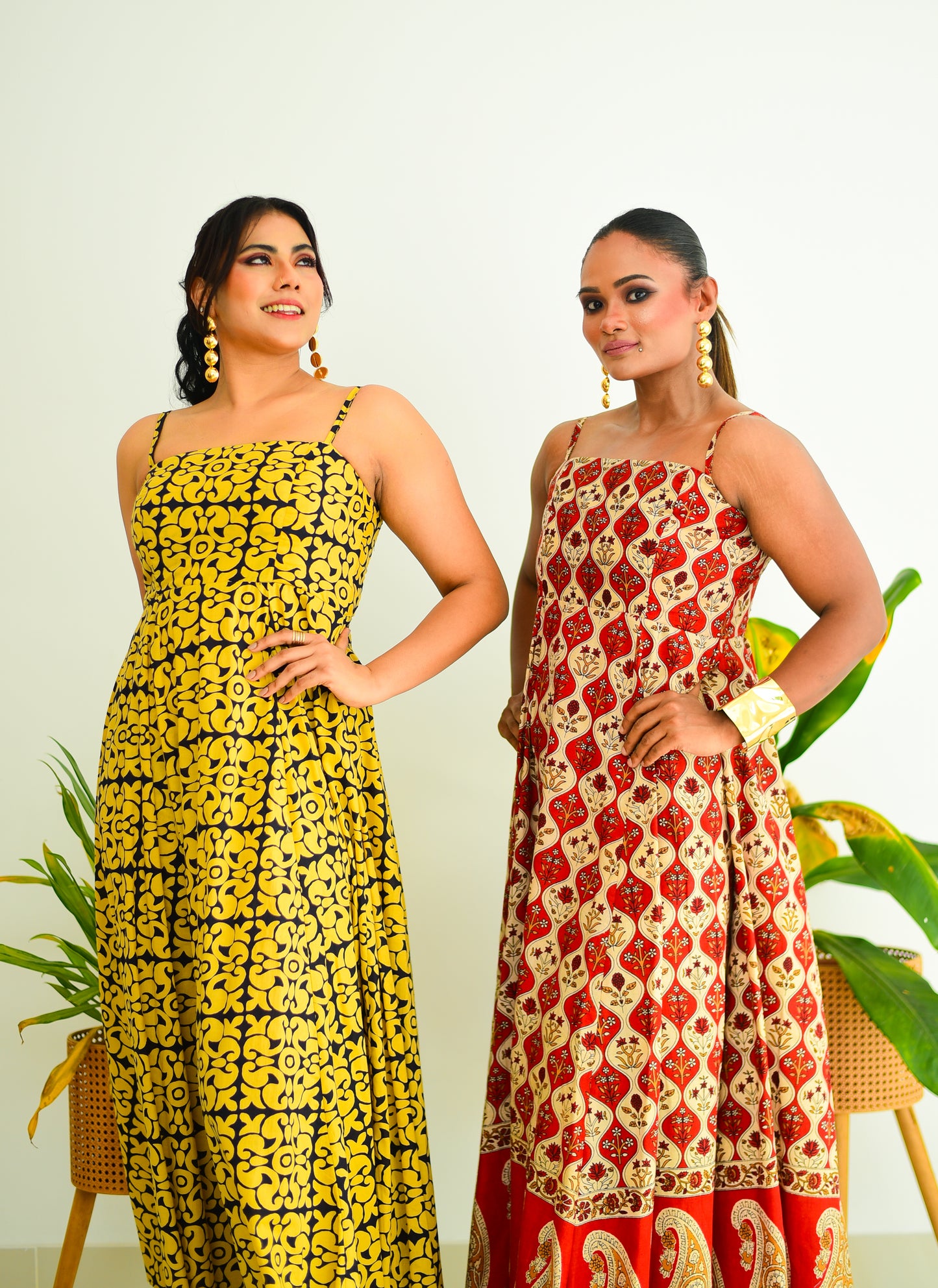 Strap Block Printed Maxi Dress With Border on the Bottom