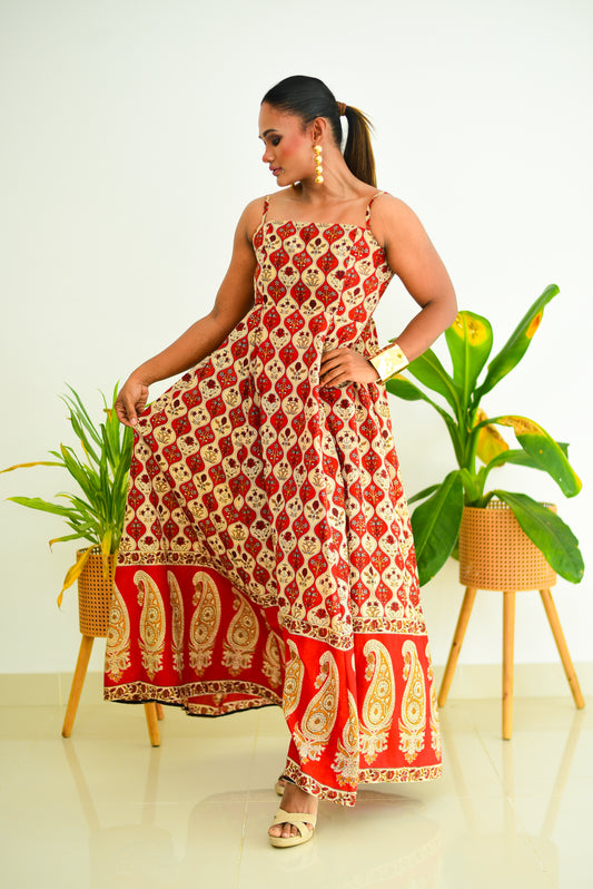 Strap Block Printed Maxi Dress With Border on the Bottom