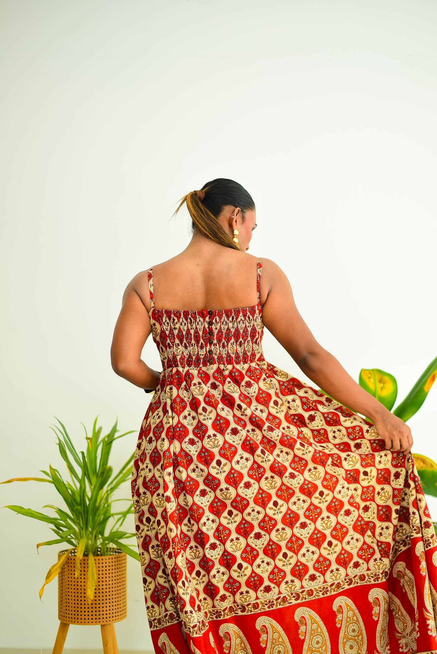 Strap Block Printed Maxi Dress With Border on the Bottom