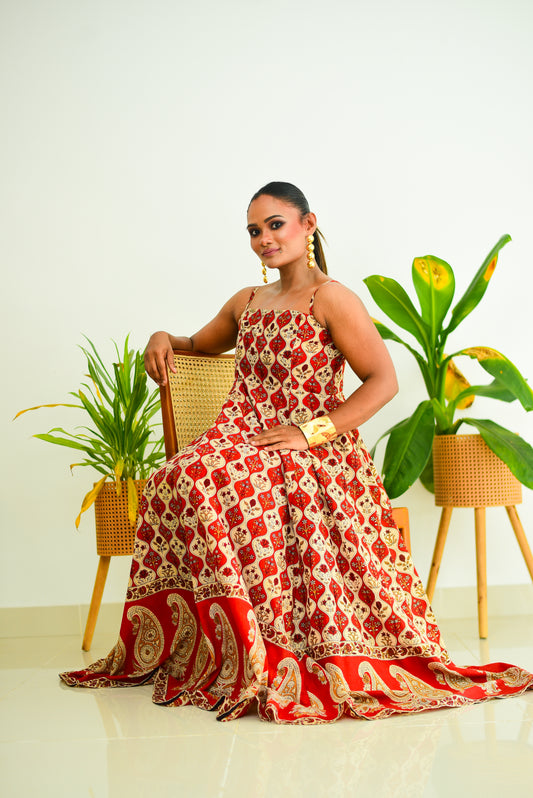 Strap Block Printed Maxi Dress With Border on the Bottom